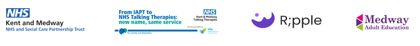 Logos of project supporters: kmpt, talking therapies service; r;pple; medway adult education